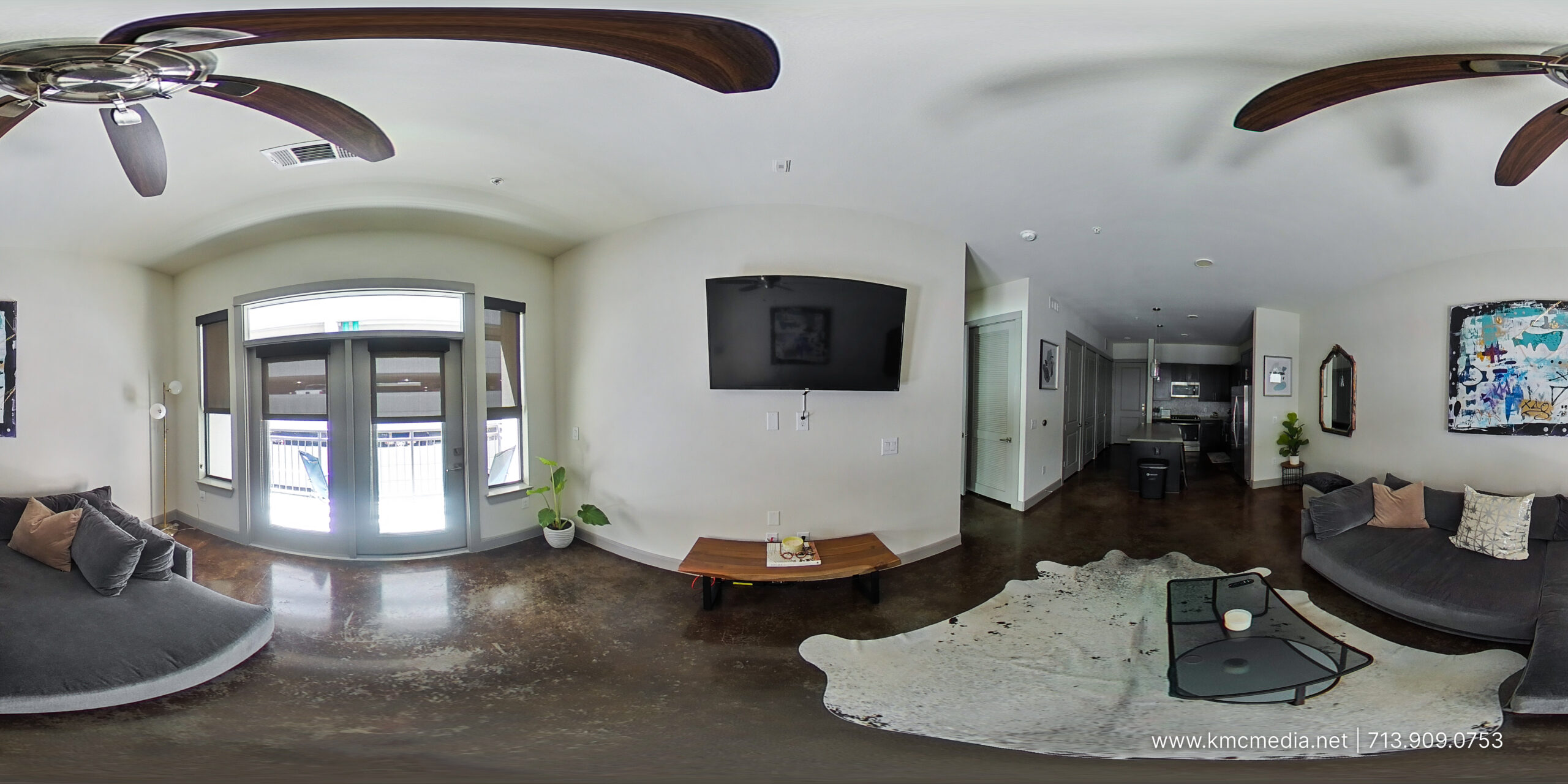 Real estate photography 360° panorama of residential home’s living room area fully interior designed.