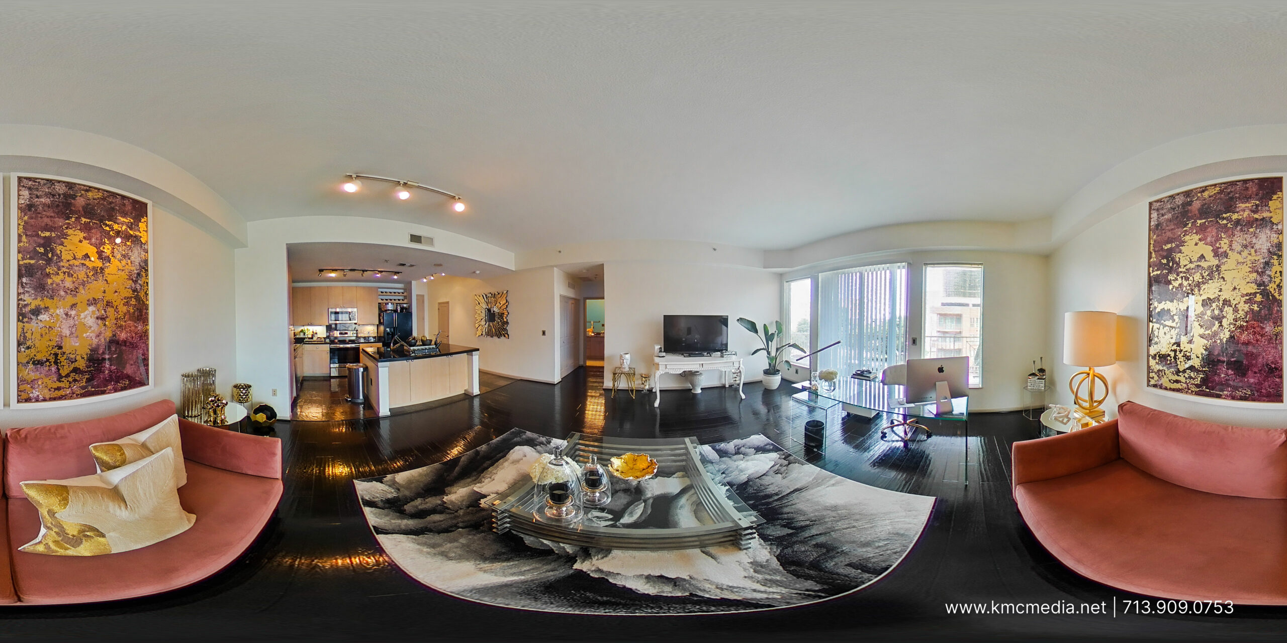 Real estate photography 360° panorama of residential home’s living room area fully interior designed.